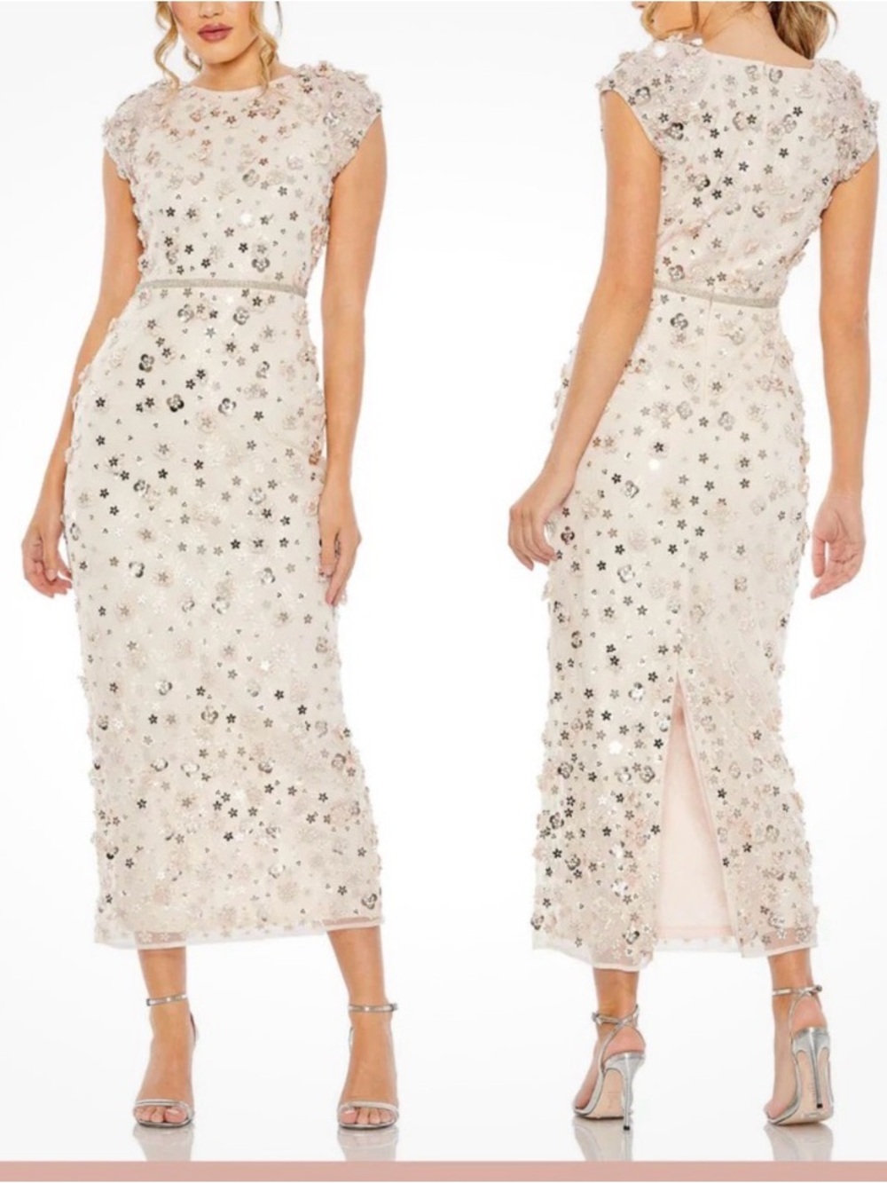 Mac Duggal Ivory Sequin Floral Midi Dress - Picture 4 of 8